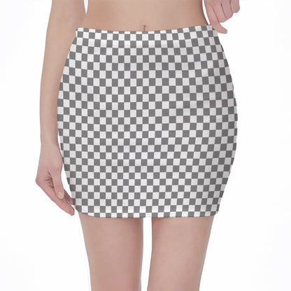 Grey And White Checkered Pattern Print Pencil Mini Skirt