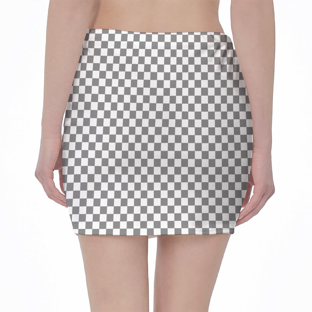 Grey And White Checkered Pattern Print Pencil Mini Skirt