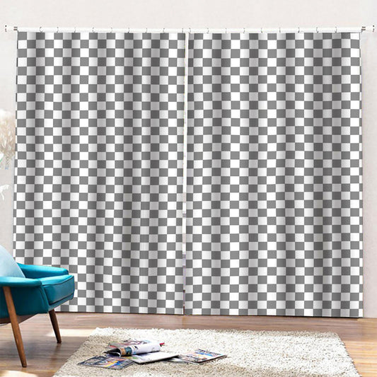 Grey And White Checkered Pattern Print Pencil Pleat Curtains