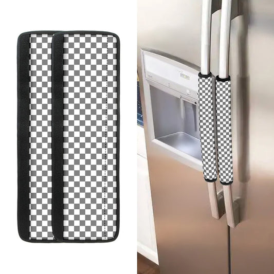 Grey And White Checkered Pattern Print Refrigerator Handle Covers