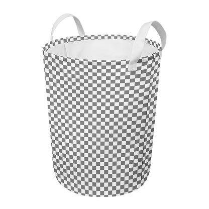 Grey And White Checkered Pattern Print Round Laundry Basket