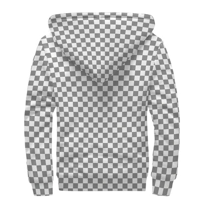 Grey And White Checkered Pattern Print Sherpa Lined Zip Up Hoodie