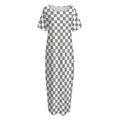 Grey And White Checkered Pattern Print Short Sleeve Long Nightdress