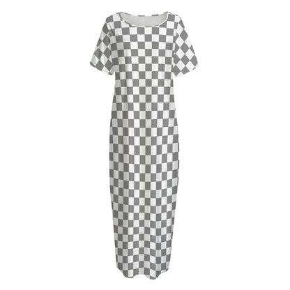 Grey And White Checkered Pattern Print Short Sleeve Long Nightdress