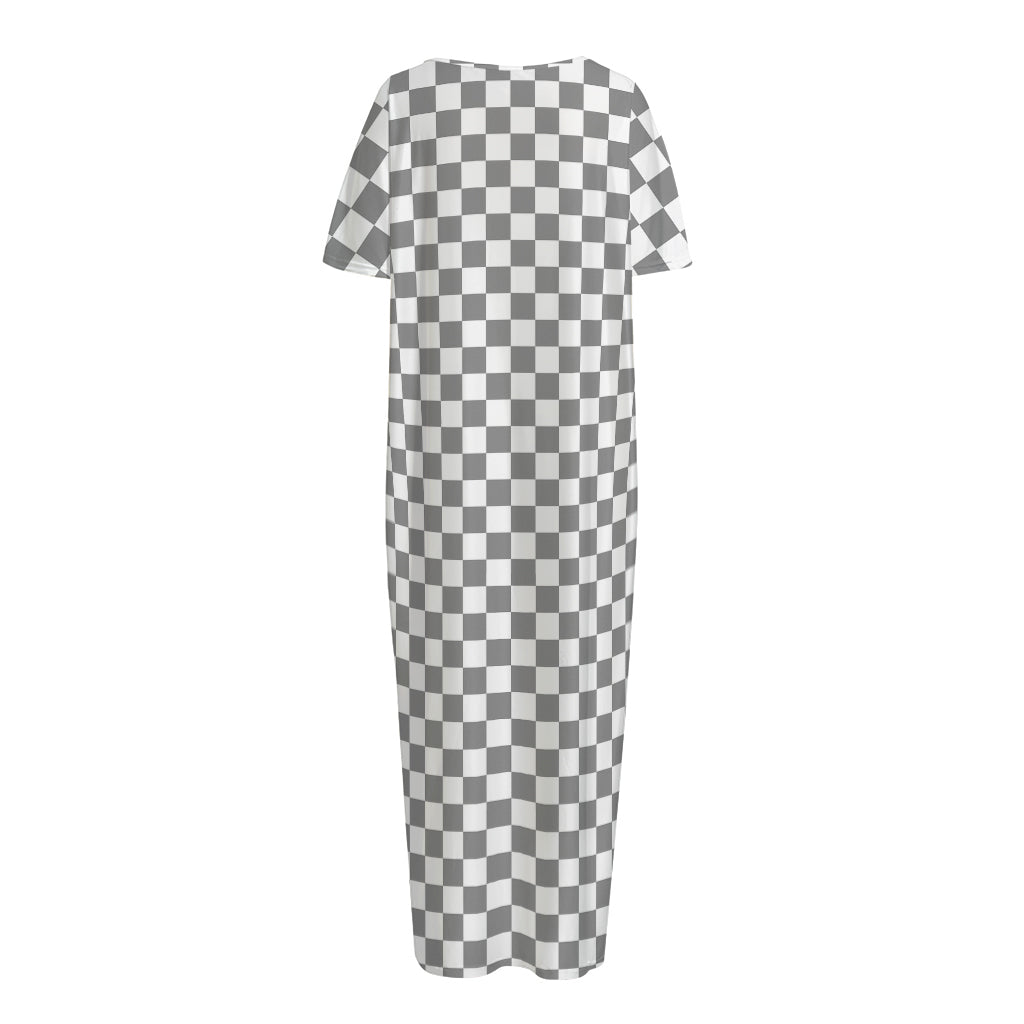 Grey And White Checkered Pattern Print Short Sleeve Long Nightdress