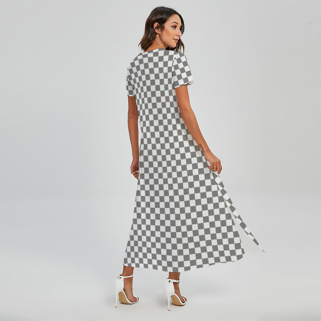 Grey And White Checkered Pattern Print Short Sleeve Maxi Dress