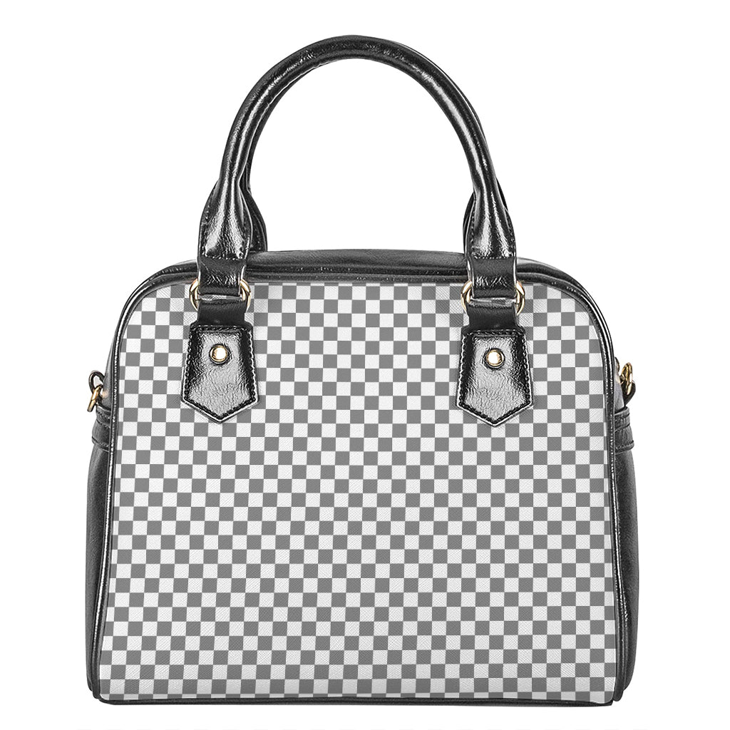Grey And White Checkered Pattern Print Shoulder Handbag