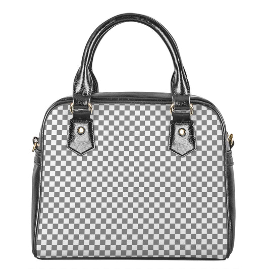Grey And White Checkered Pattern Print Shoulder Handbag