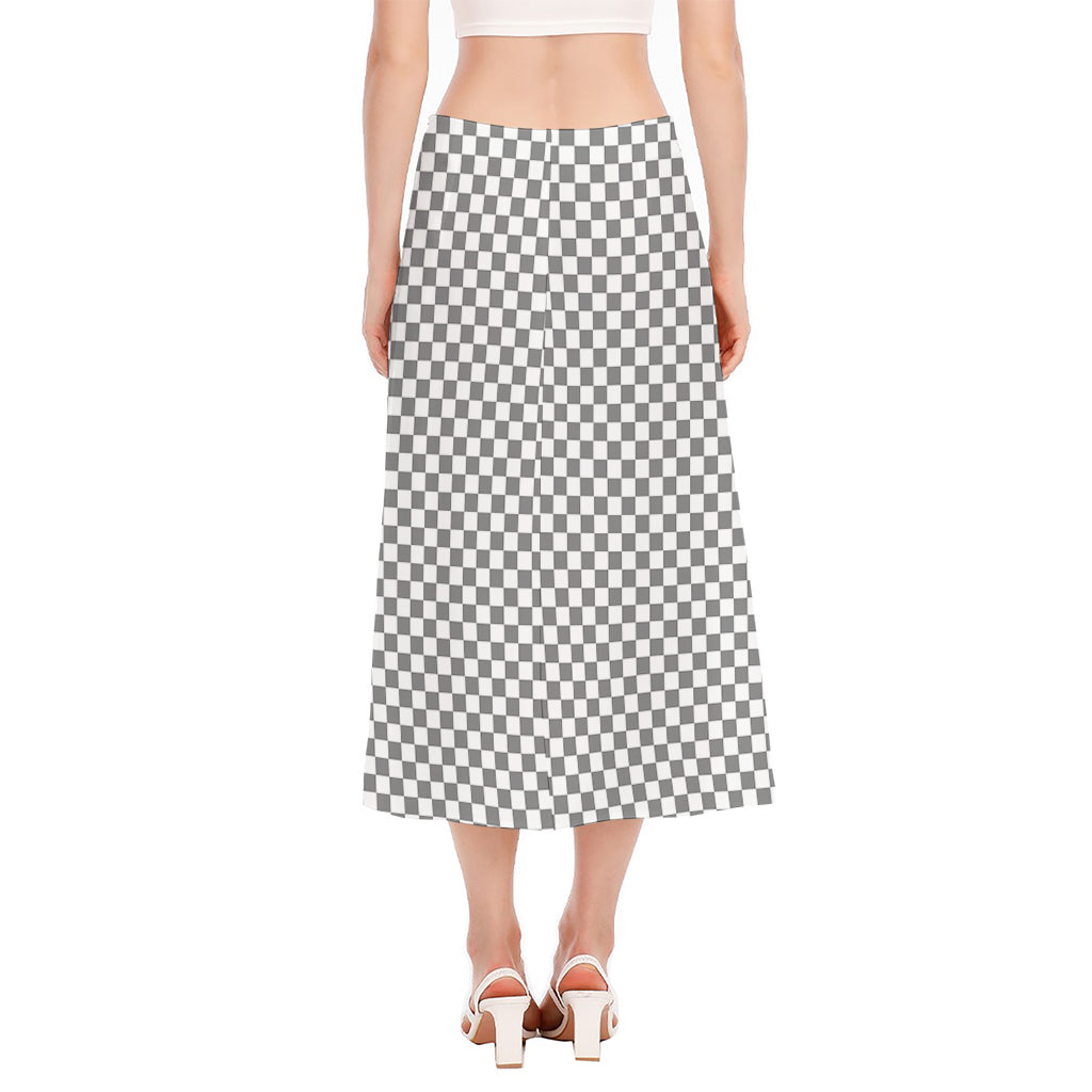 Grey And White Checkered Pattern Print Side Slit Midi Skirt