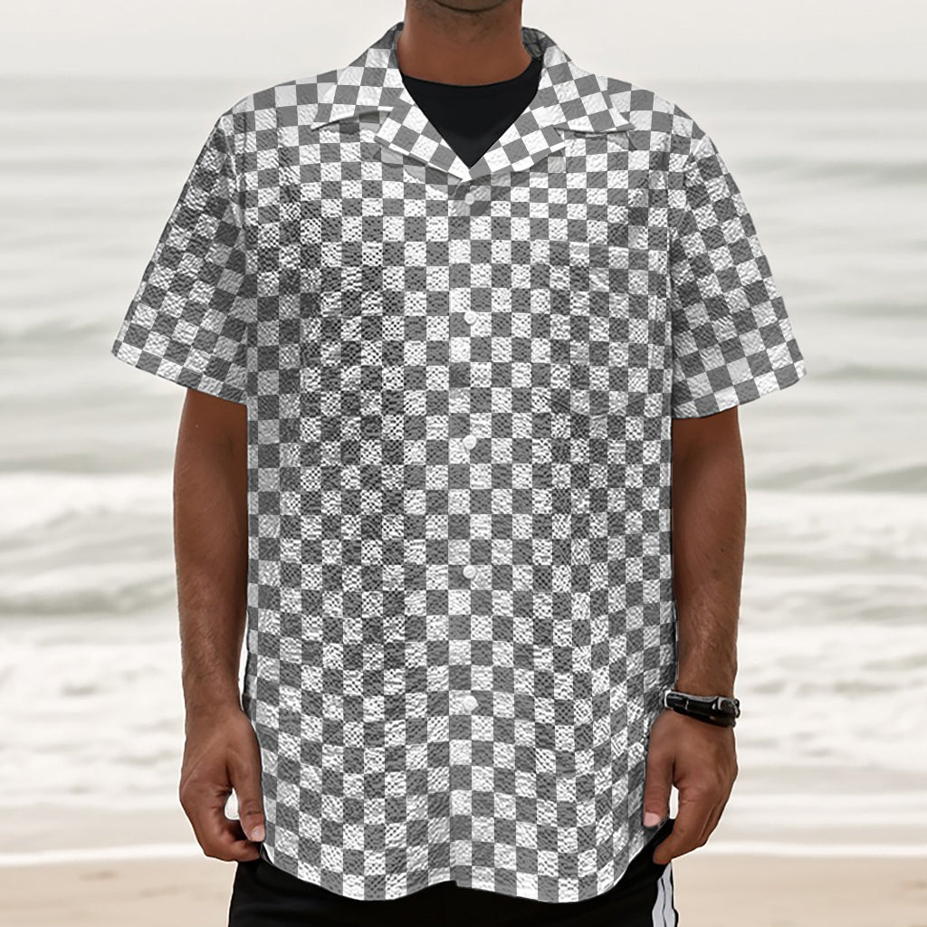 Grey And White Checkered Pattern Print Textured Short Sleeve Shirt