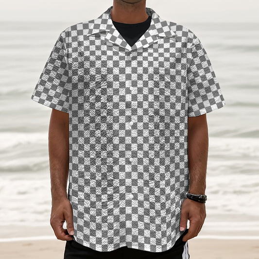 Grey And White Checkered Pattern Print Textured Short Sleeve Shirt