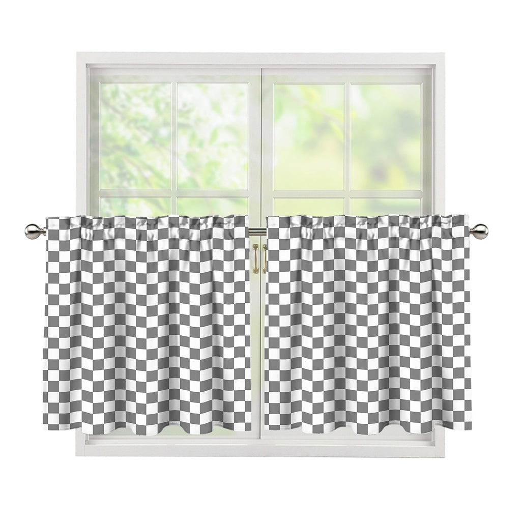 Grey And White Checkered Pattern Print Tier Curtains