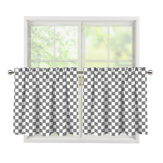 Grey And White Checkered Pattern Print Tier Curtains