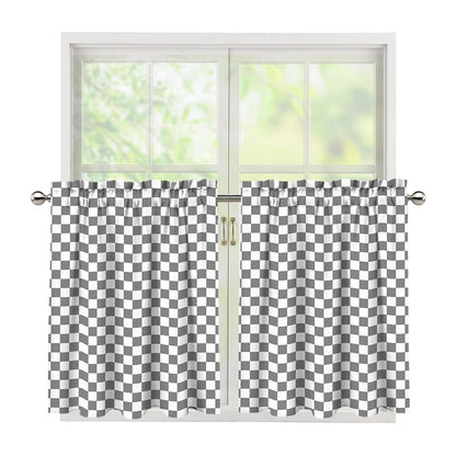 Grey And White Checkered Pattern Print Tier Curtains