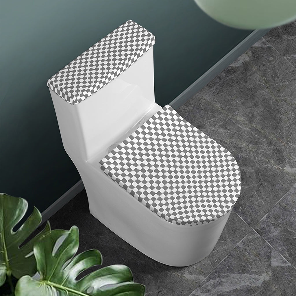 Grey And White Checkered Pattern Print Toilet Lid And Tank Cover Set