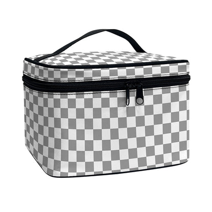 Grey And White Checkered Pattern Print Travel Makeup Bag