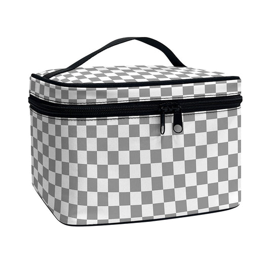 Grey And White Checkered Pattern Print Travel Makeup Bag