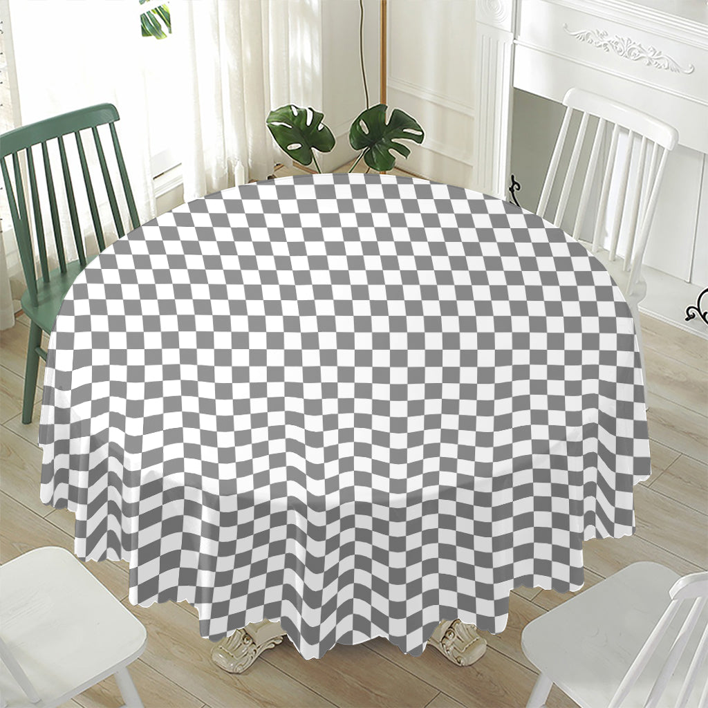 Grey And White Checkered Pattern Print Waterproof Round Tablecloth