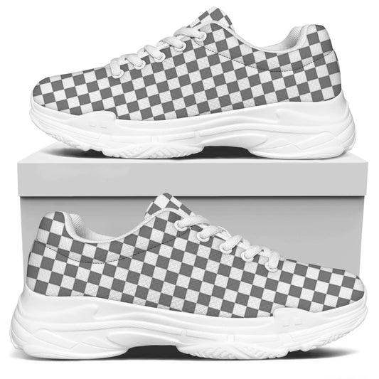 Grey And White Checkered Pattern Print White Chunky Shoes
