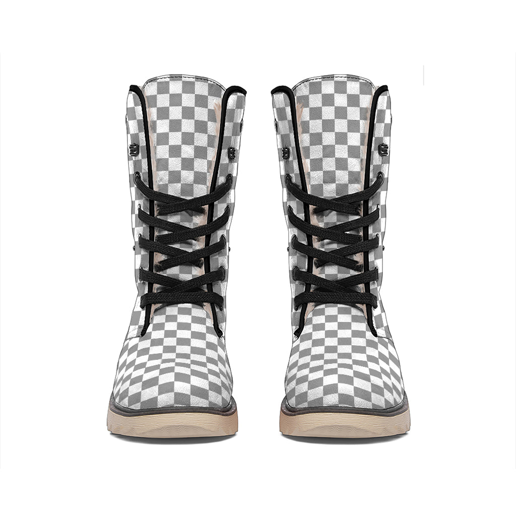 Grey And White Checkered Pattern Print Winter Boots