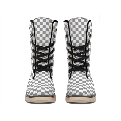Grey And White Checkered Pattern Print Winter Boots