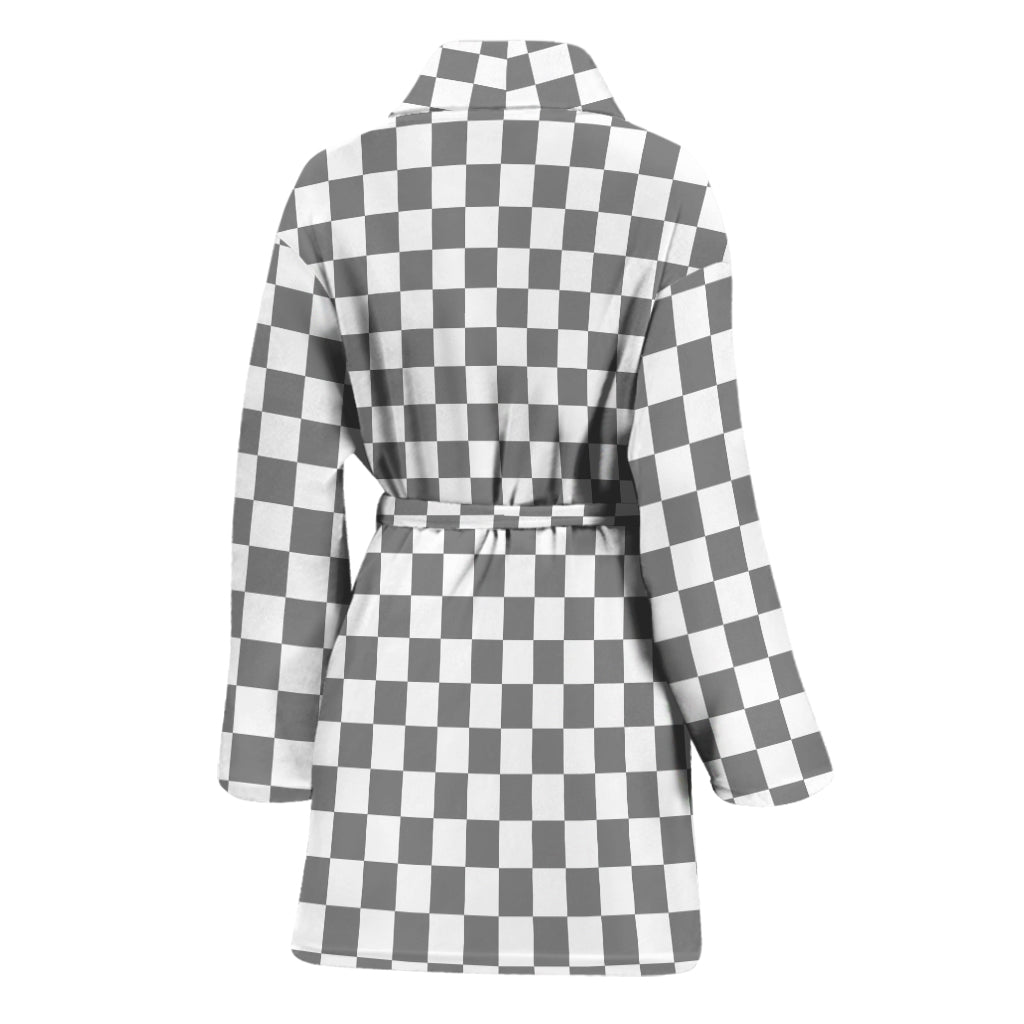 Grey And White Checkered Pattern Print Women's Bathrobe