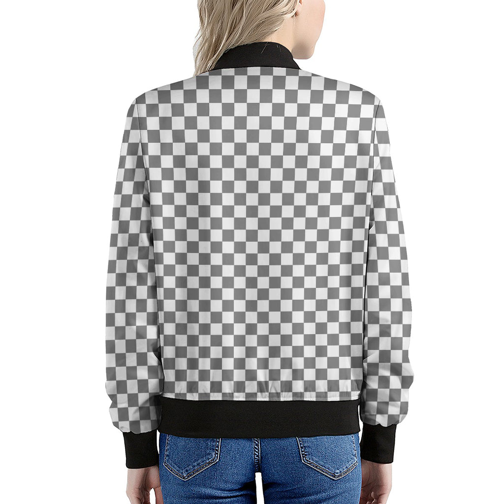 Grey And White Checkered Pattern Print Women's Bomber Jacket
