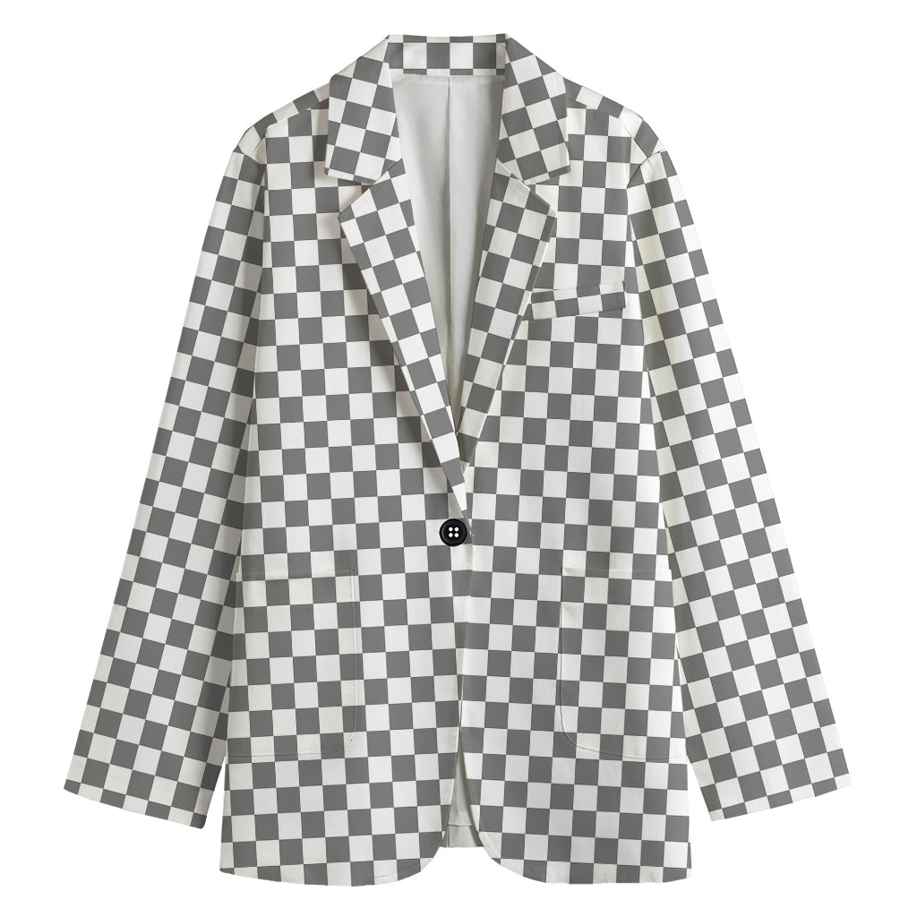 Grey And White Checkered Pattern Print Women's Cotton Blazer