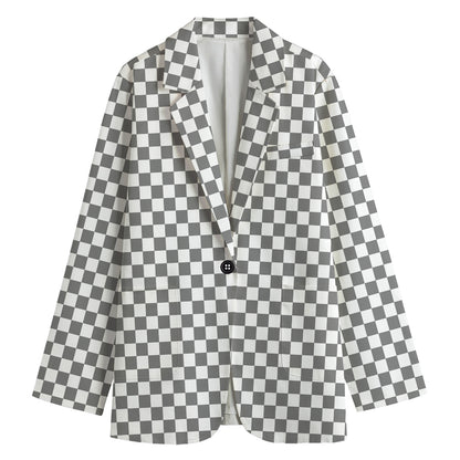 Grey And White Checkered Pattern Print Women's Cotton Blazer