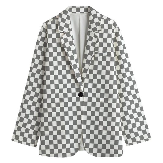 Grey And White Checkered Pattern Print Women's Cotton Blazer
