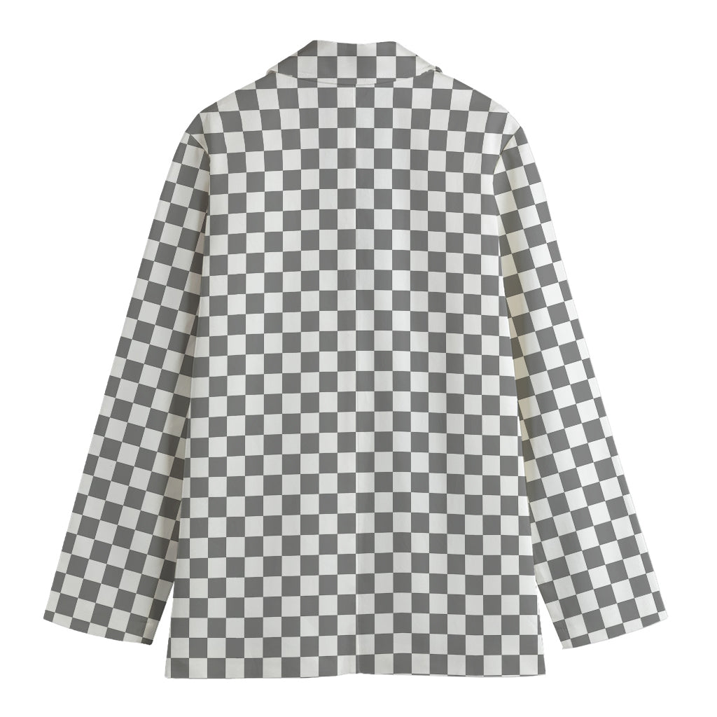 Grey And White Checkered Pattern Print Women's Cotton Blazer