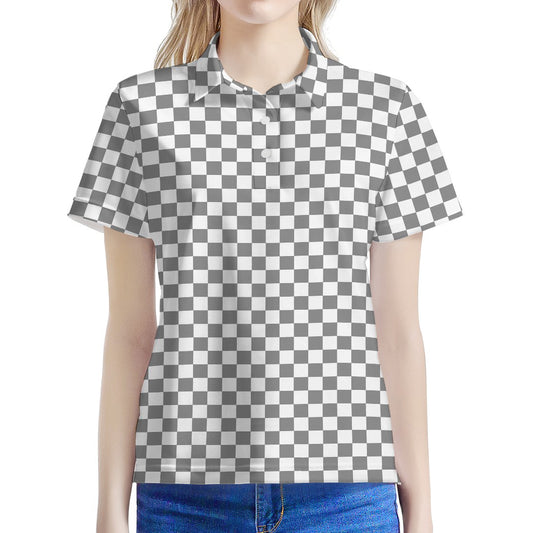 Grey And White Checkered Pattern Print Women's Polo Shirt