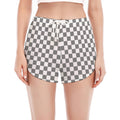 Grey And White Checkered Pattern Print Women's Split Running Shorts