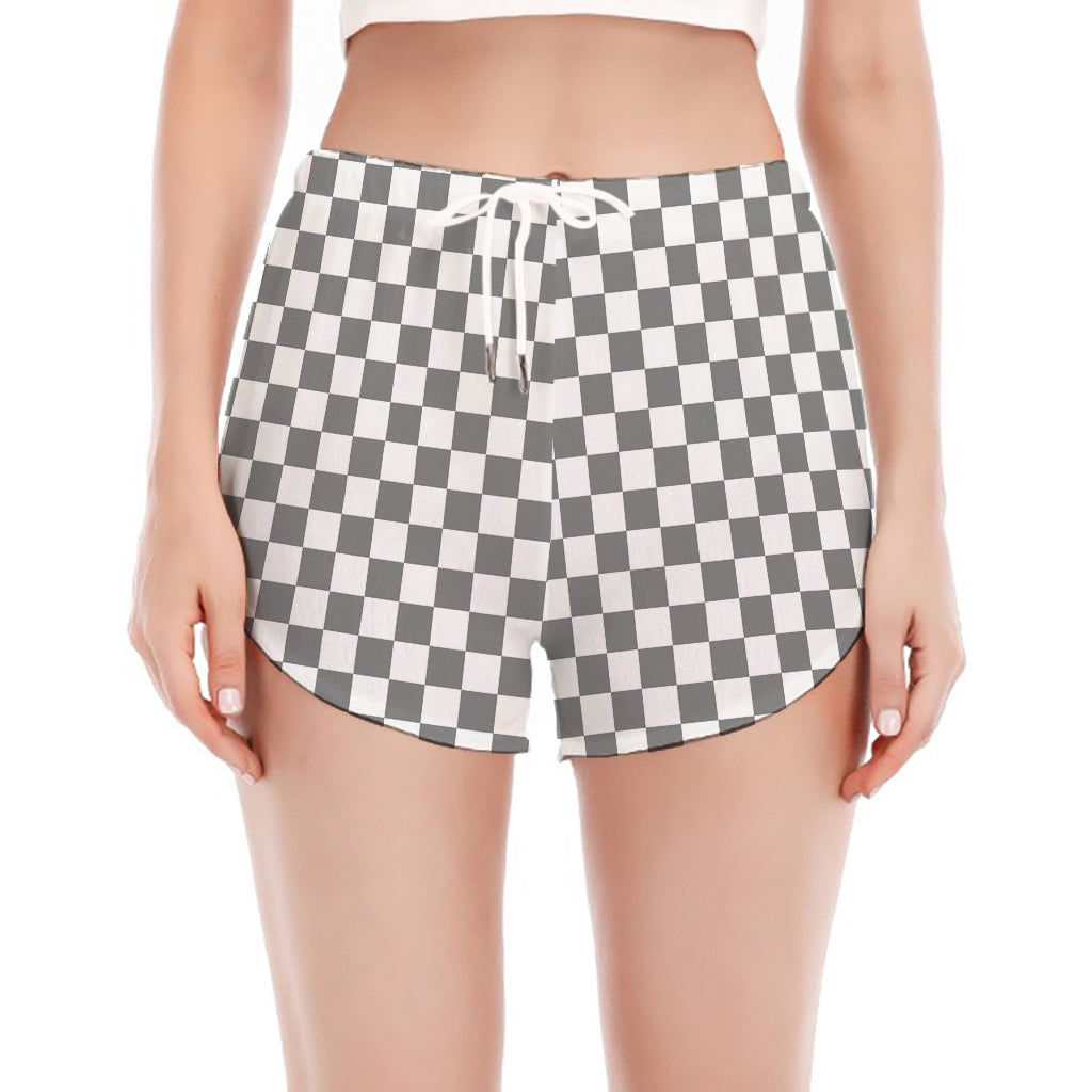 Grey And White Checkered Pattern Print Women's Split Running Shorts