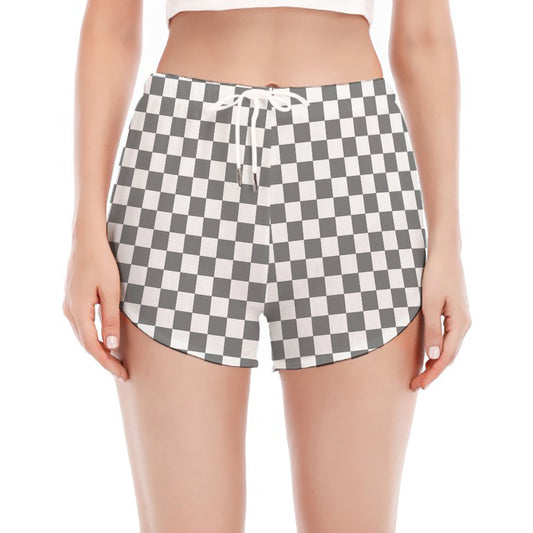 Grey And White Checkered Pattern Print Women's Split Running Shorts