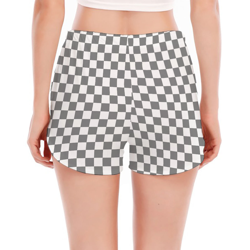Grey And White Checkered Pattern Print Women's Split Running Shorts