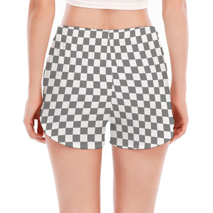 Grey And White Checkered Pattern Print Women's Split Running Shorts