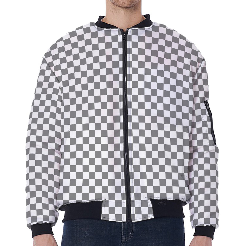 Grey And White Checkered Pattern Print Zip Sleeve Bomber Jacket