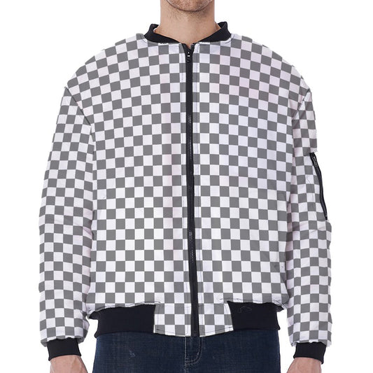 Grey And White Checkered Pattern Print Zip Sleeve Bomber Jacket