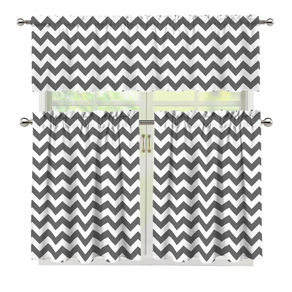 Grey And White Chevron Pattern Print 3 Piece Kitchen Curtains