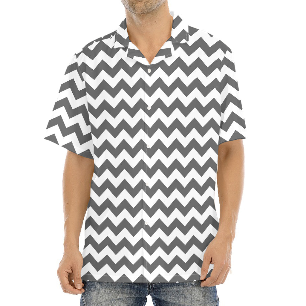 Grey And White Chevron Pattern Print Aloha Shirt