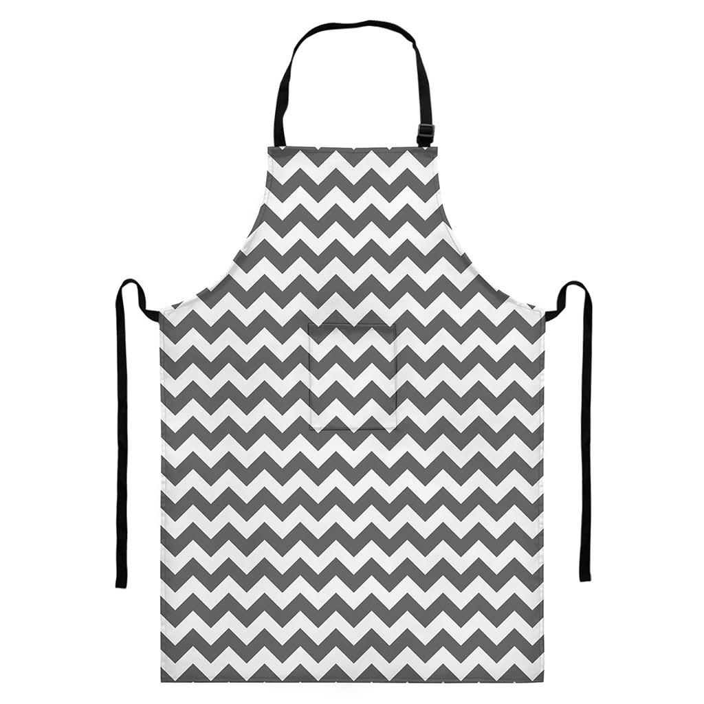 Grey And White Chevron Pattern Print Bib Apron With Pocket