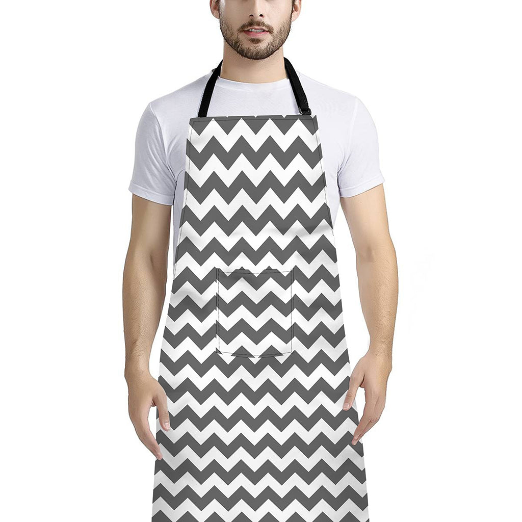 Grey And White Chevron Pattern Print Bib Apron With Pocket