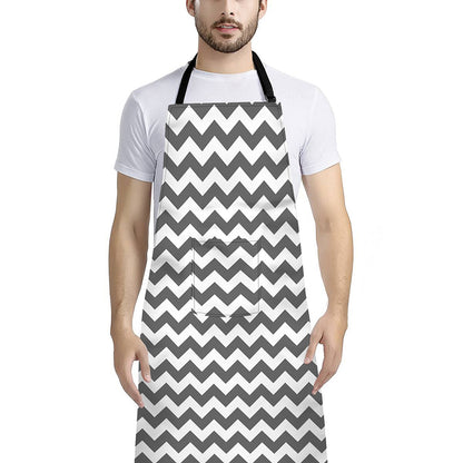 Grey And White Chevron Pattern Print Bib Apron With Pocket