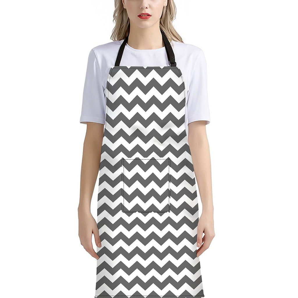 Grey And White Chevron Pattern Print Bib Apron With Pocket