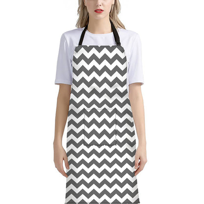 Grey And White Chevron Pattern Print Bib Apron With Pocket