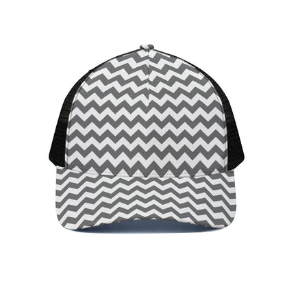 Grey And White Chevron Pattern Print Black Mesh Trucker Cap
