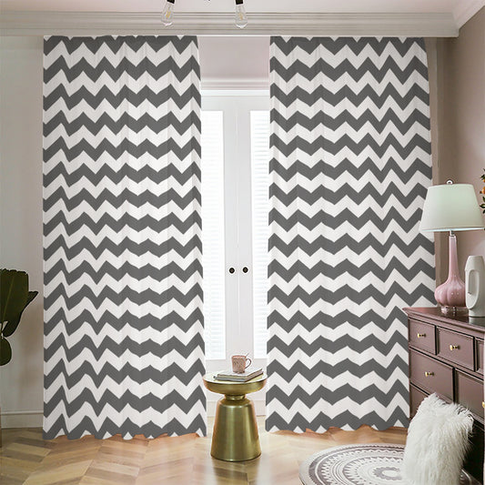 Grey And White Chevron Pattern Print Blackout Pencil Pleat Curtains