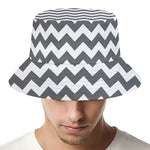 Grey And White Chevron Pattern Print Bucket Hat