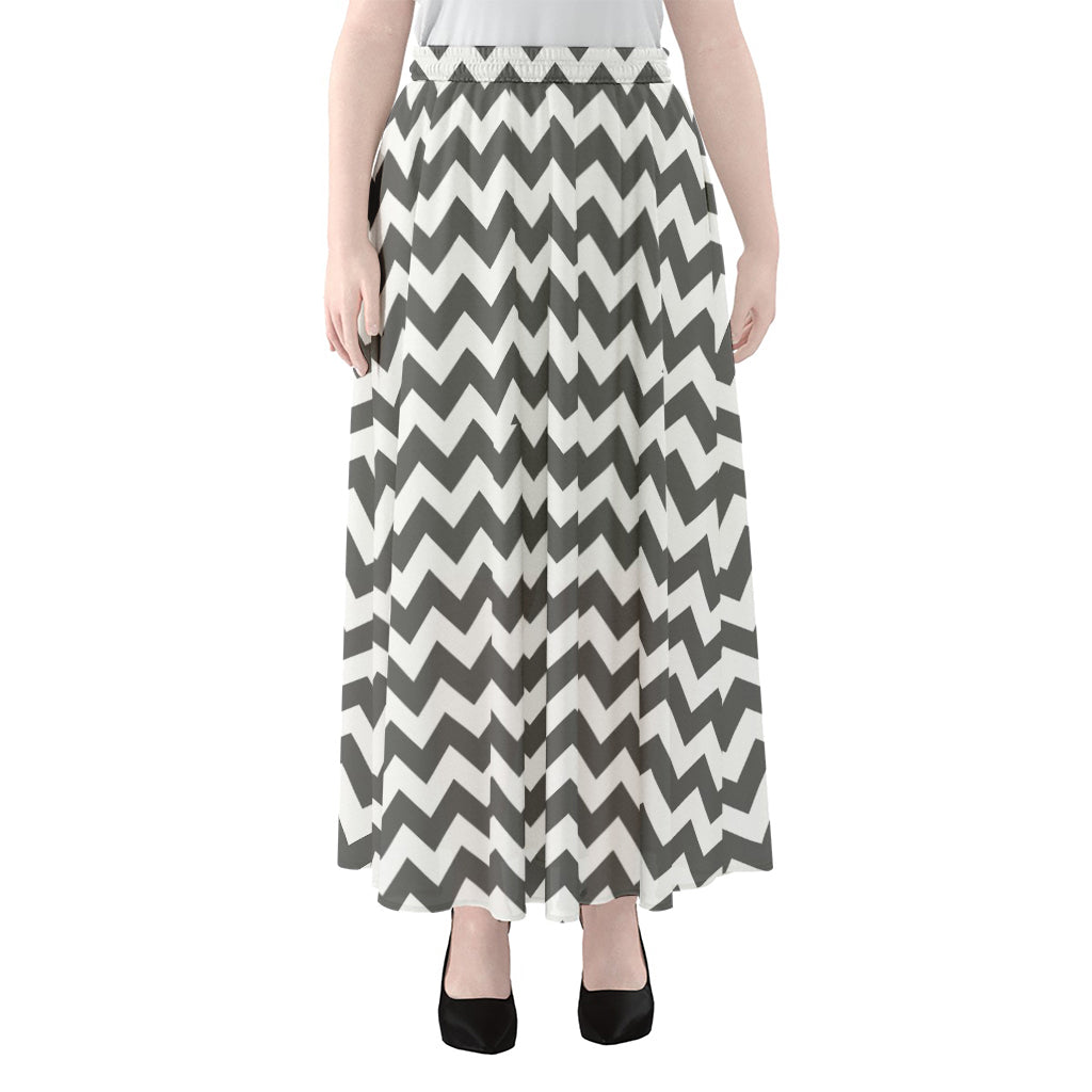 Grey And White Chevron Pattern Print Chiffon Maxi Skirt